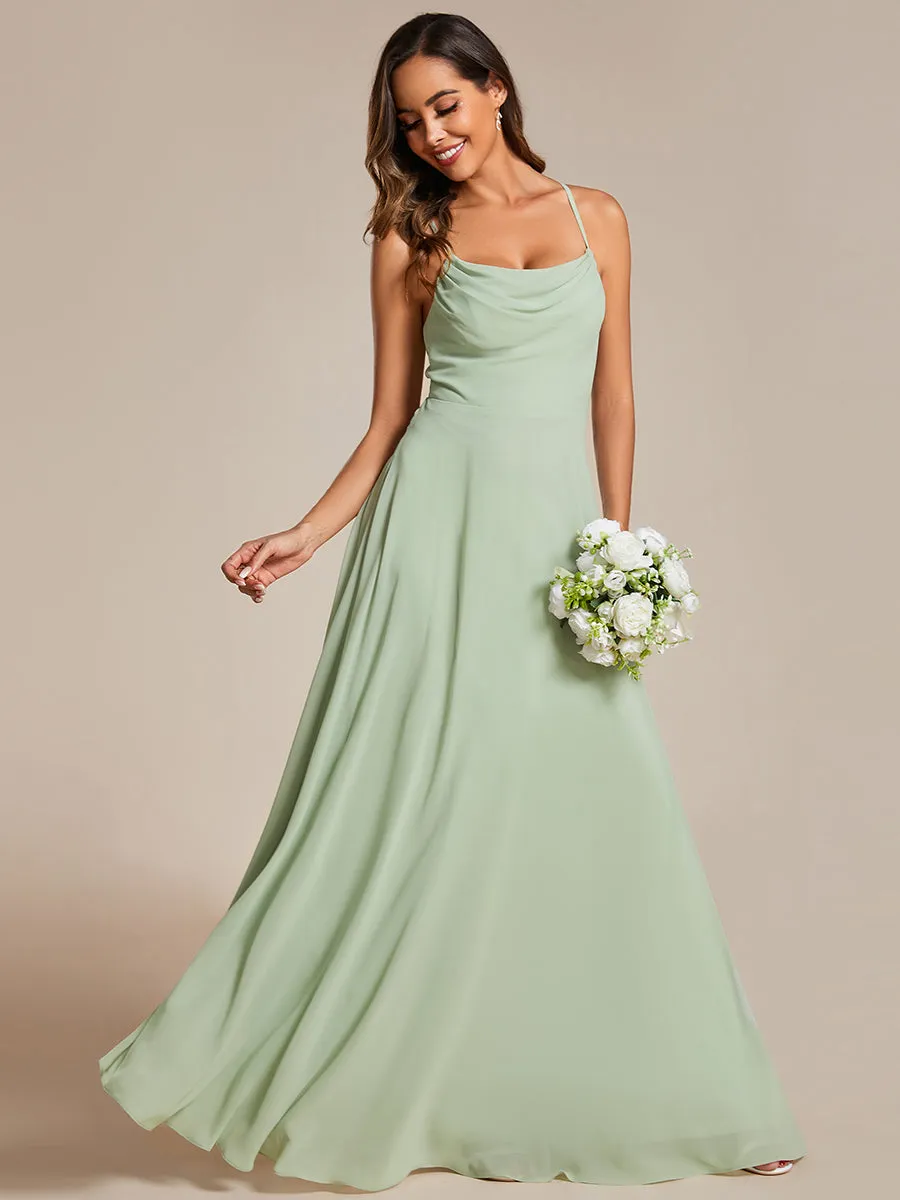 Spaghetti Straps Draped Collar Floor Length Bridesmaid Dress