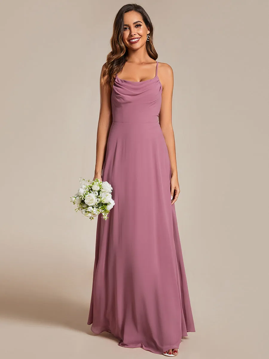 Spaghetti Straps Draped Collar Floor Length Bridesmaid Dress