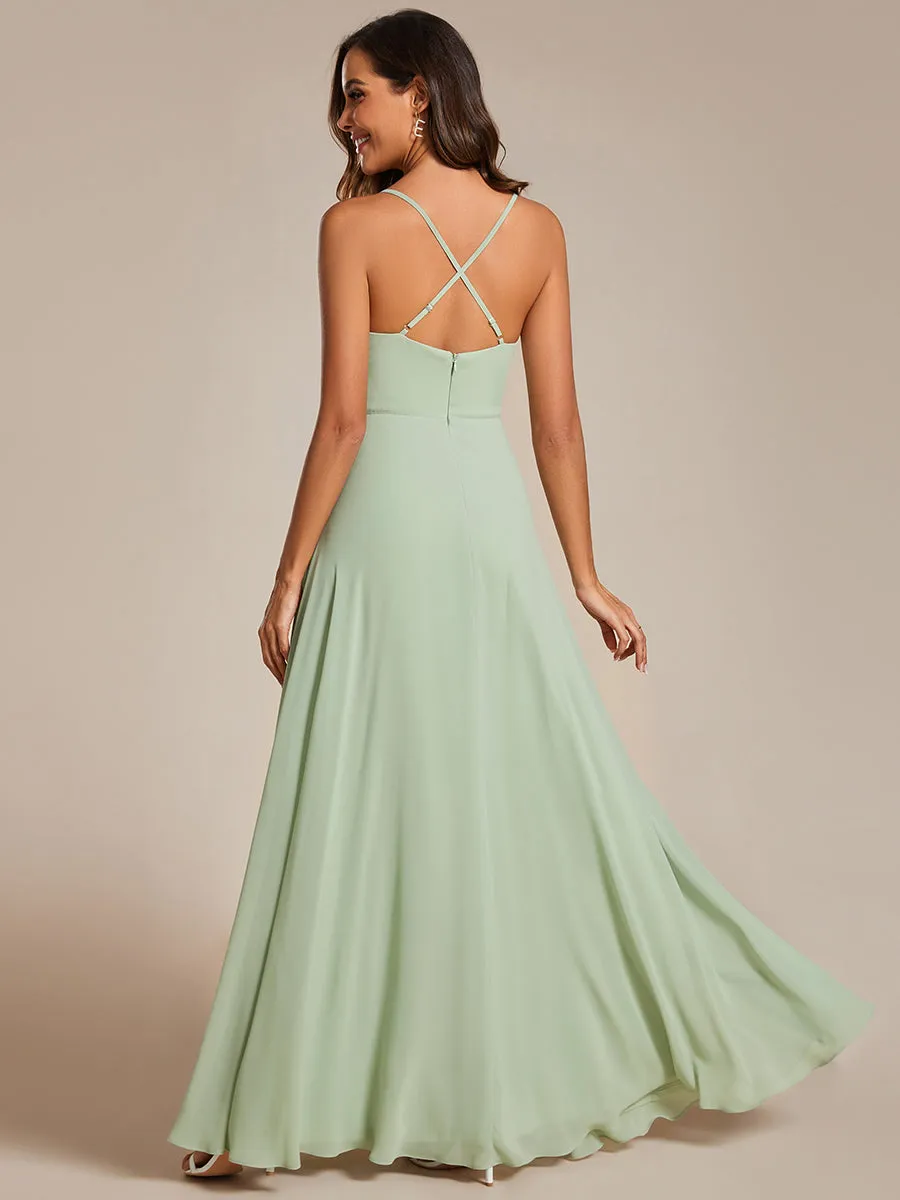 Spaghetti Straps Draped Collar Floor Length Bridesmaid Dress