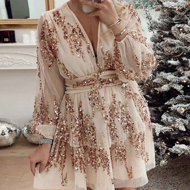 UAKISS  -  Women Deep V-Neck Loose Party Dress, Spring Summer Loungewear Long Lantern Sleeve Mini Dress, New Sequins Patchwork Ladies Dress