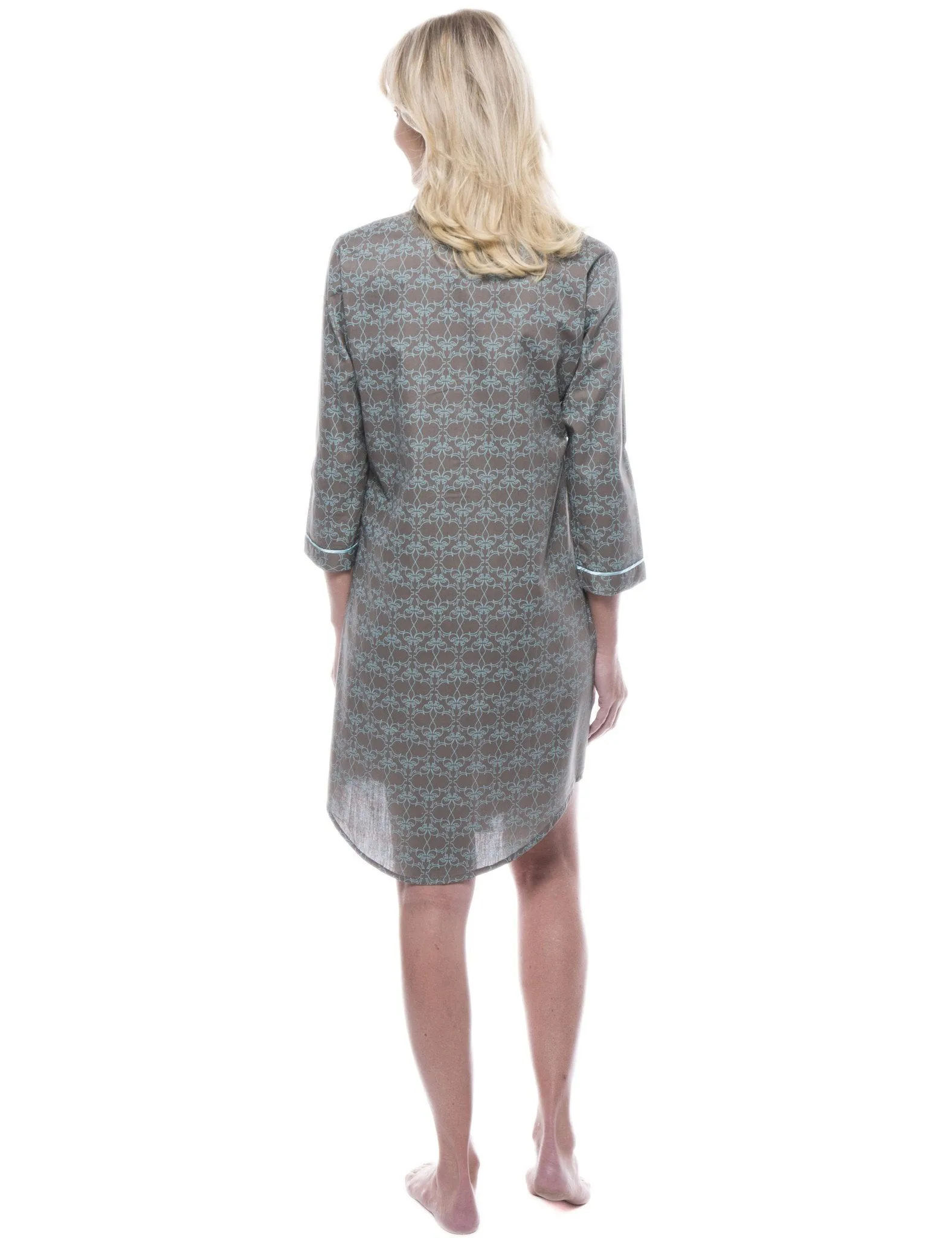 Women's 100% Cotton Poplin Long Sleeve Tunic Sleep Shirt - Shamrock Grey/Aqua